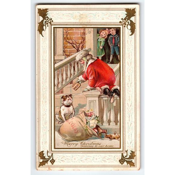 Vintage Santa Claus Christmas Postcard with Children & Dog Biscuit Sack - Picture 1 of 2